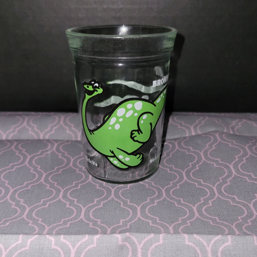 Vintage 1988 Cup Welch's Jelly Jam Clear Glass Green Dinosaur